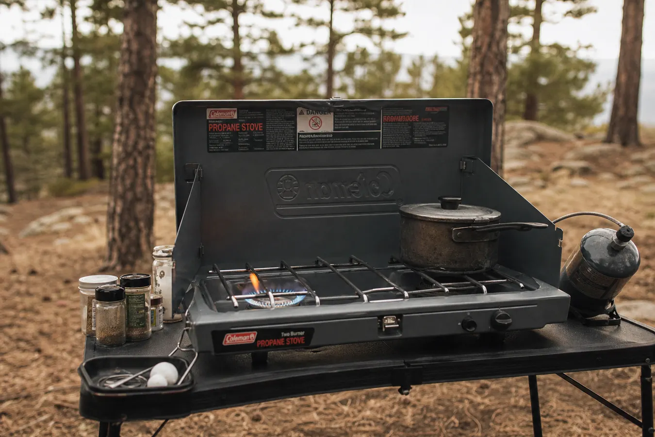 Camp stove with wind panels deployed, flame stable in a breezy open meadow setting