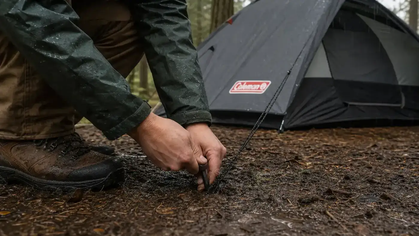 Camper tightening tent stakes in wet grass before a storm