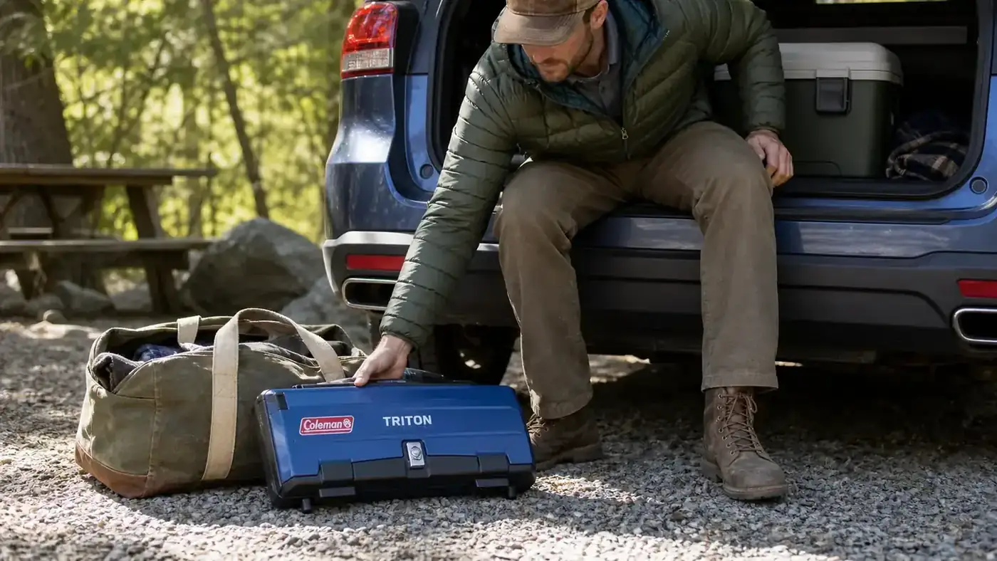 Coleman Triton stove folded closed and sitting next to a camp bag ready for car loading