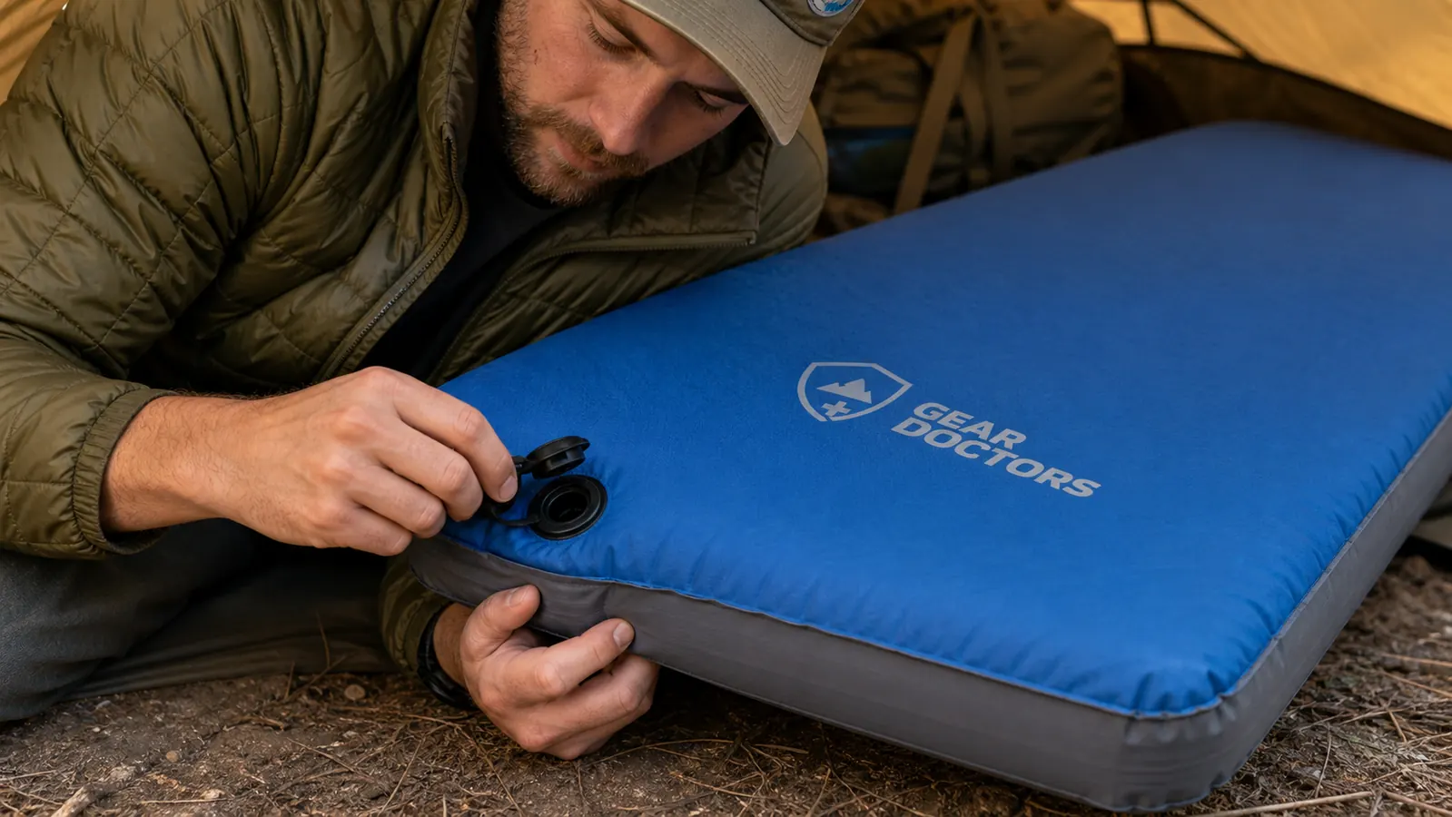 Hand opening the valve on the Gear Doctors Oxylus sleeping pad to begin self-inflation