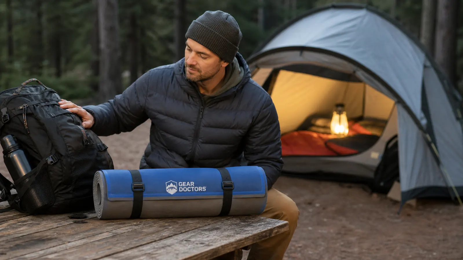 Sleeping pad rolled tightly with compression straps for packing into a carry bag beside a backpack