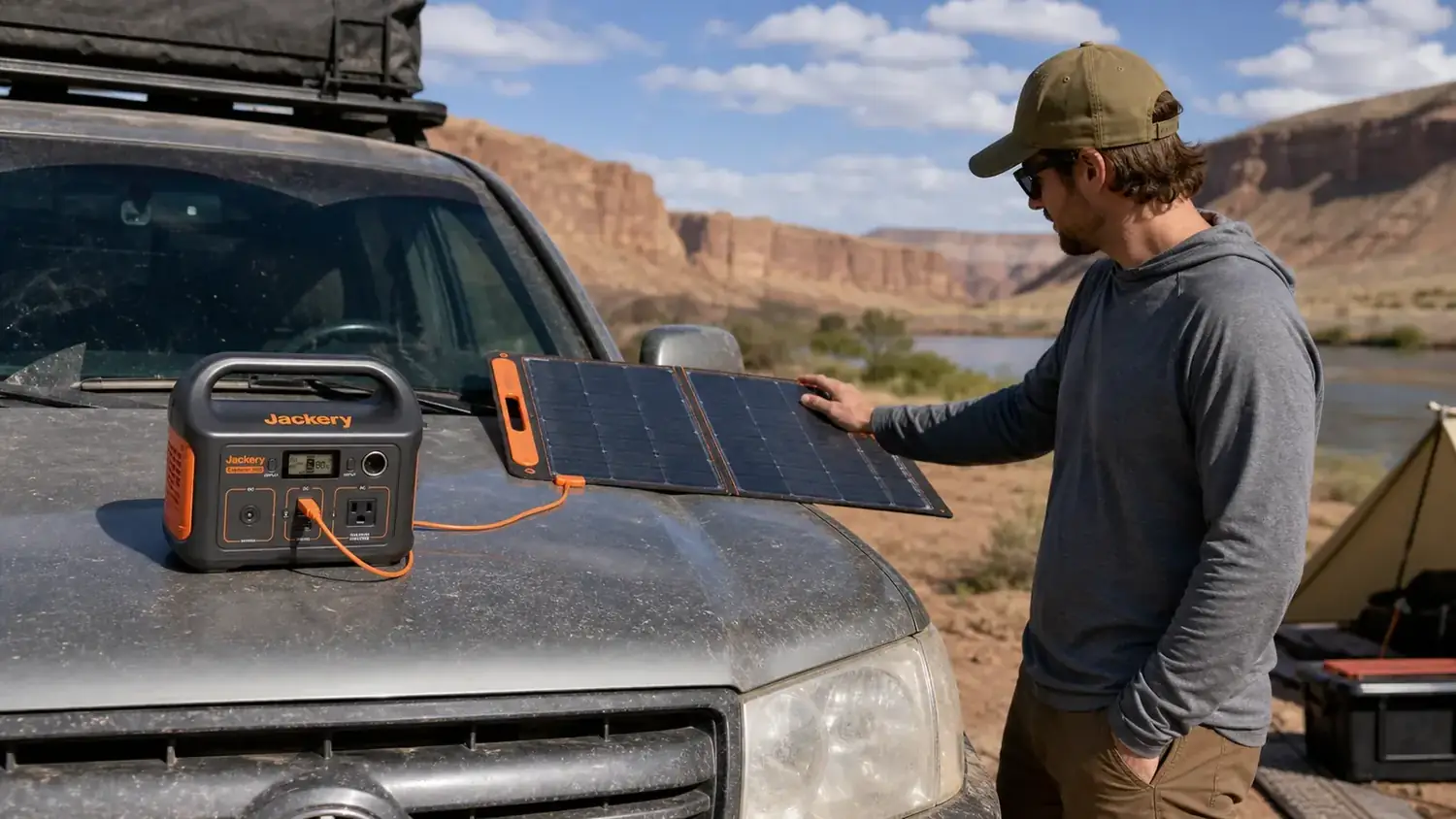 Jackery Explorer 300 being charged from a small solar panel laid on the hood of a truck at a campsite