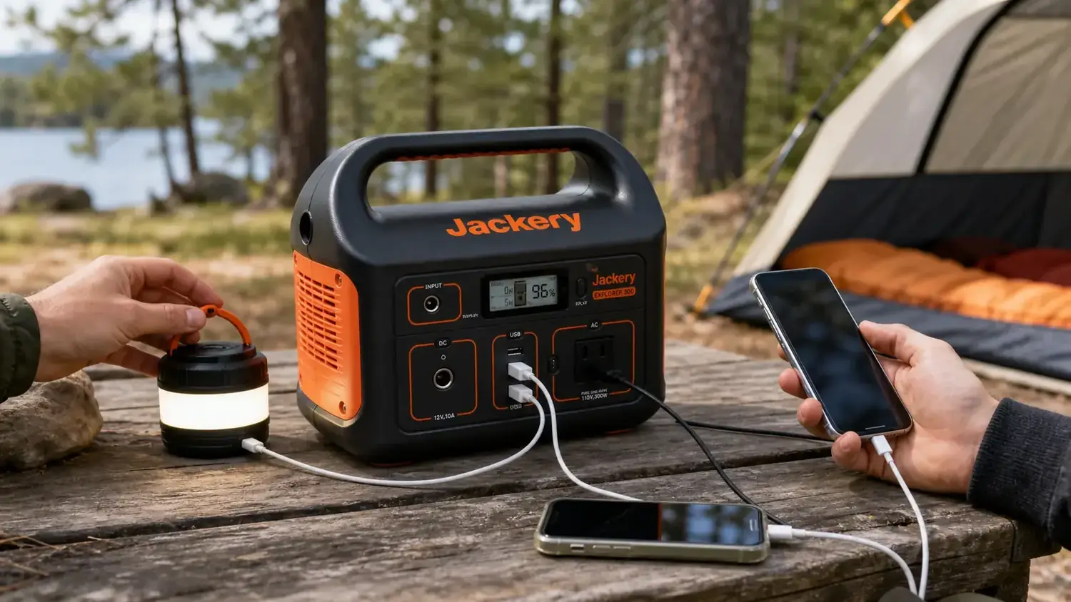 Cables plugged into a portable power station charging phones and a small camp light overnight
