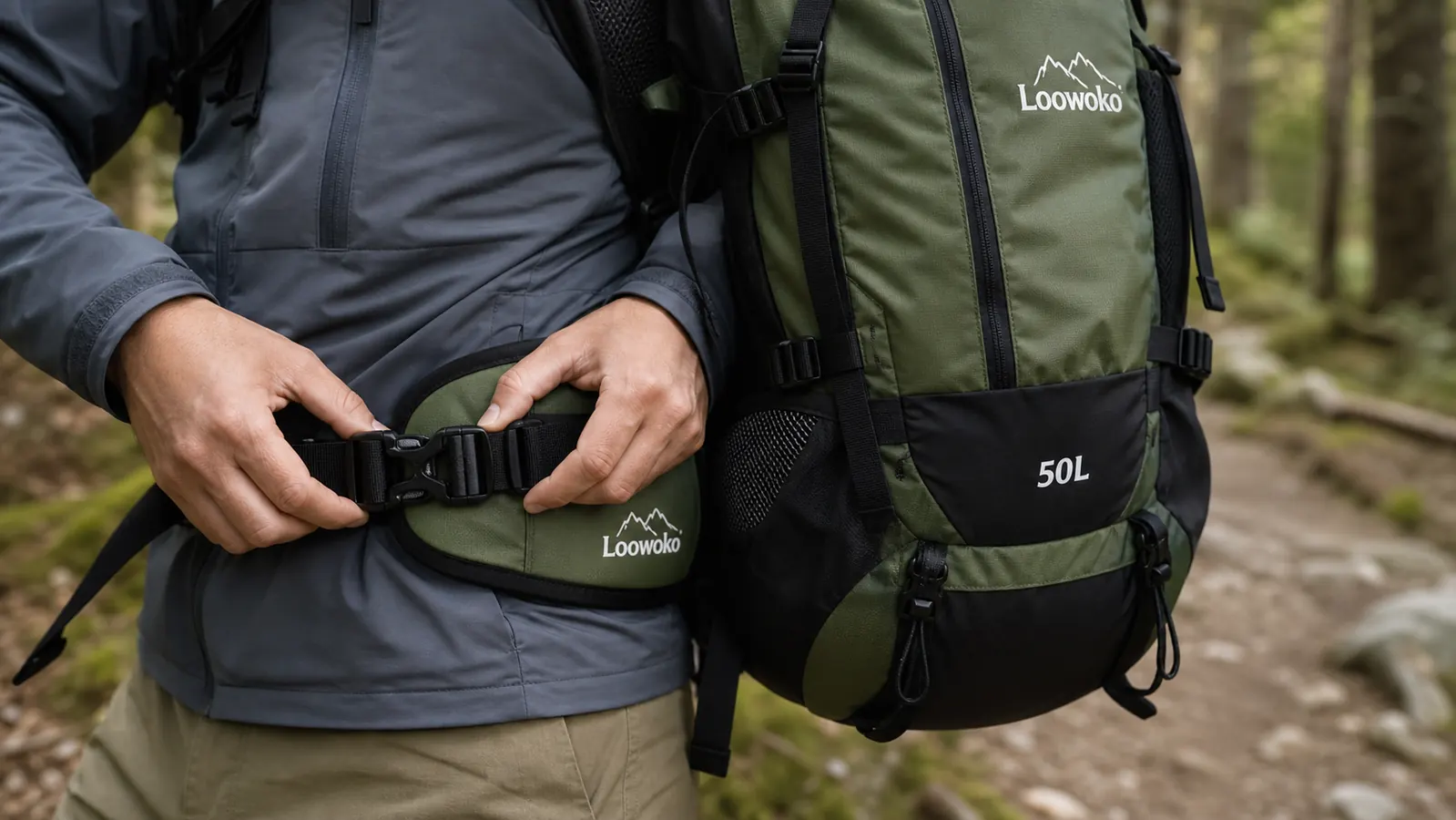 Hands buckling the hip belt on a green and black hiking backpack with a loaded pack frame visible
