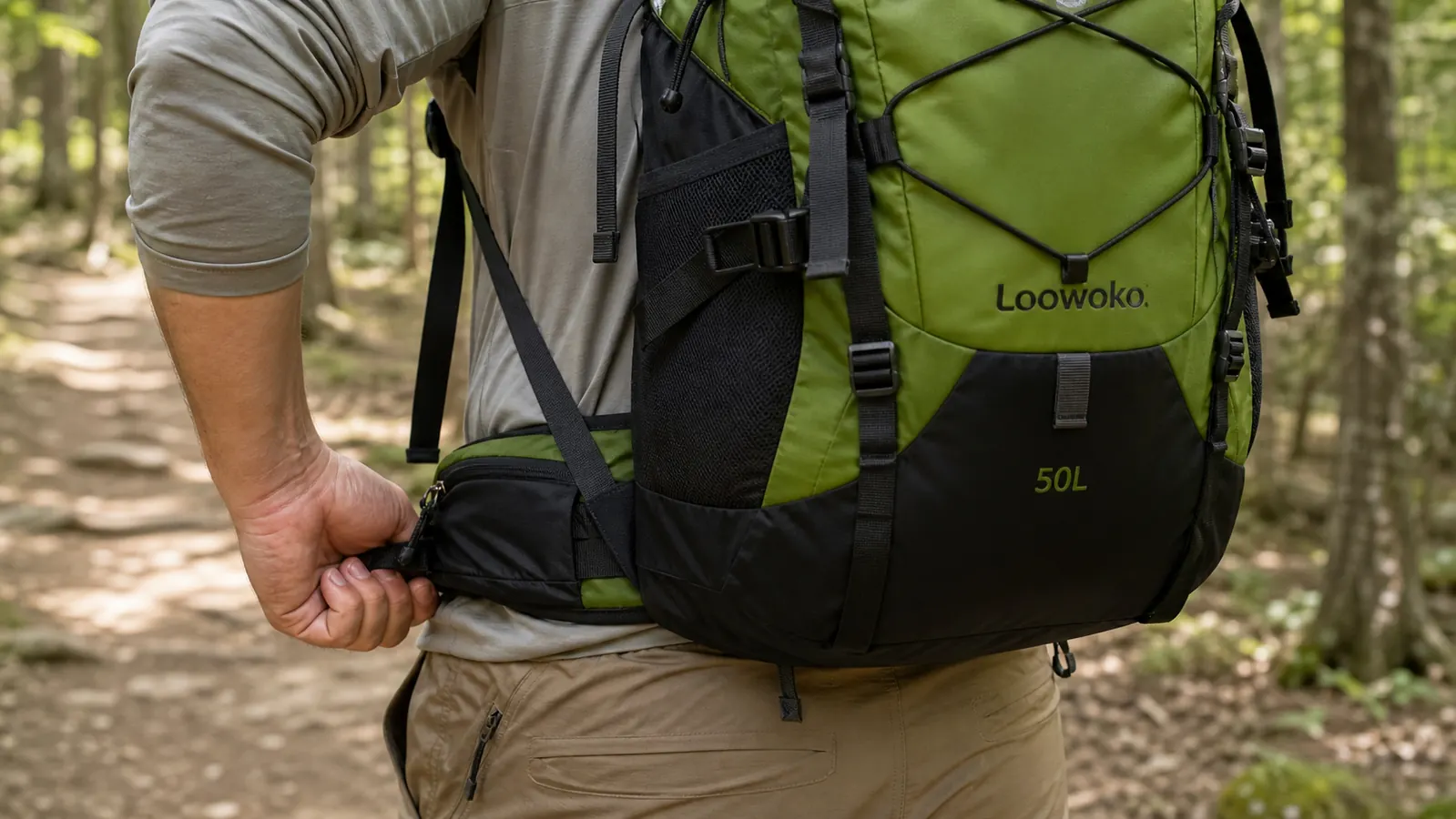 Close-up of hip belt and lumbar support on a budget hiking backpack on trail
