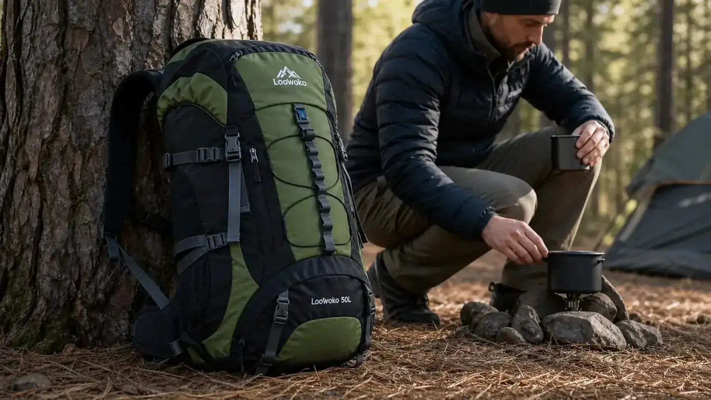 A loaded hiking backpack leaning against a pine tree at a campsite with gear visible through the mesh pockets
