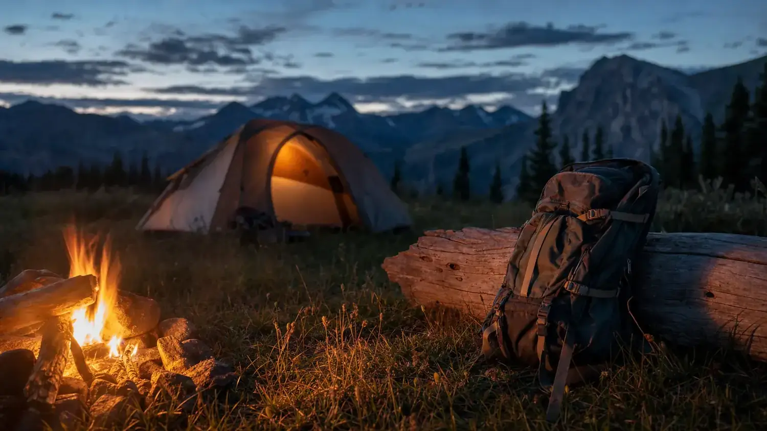 A campsite at dusk with a tent pitched and a large backpack set against a log, mountains visible behind